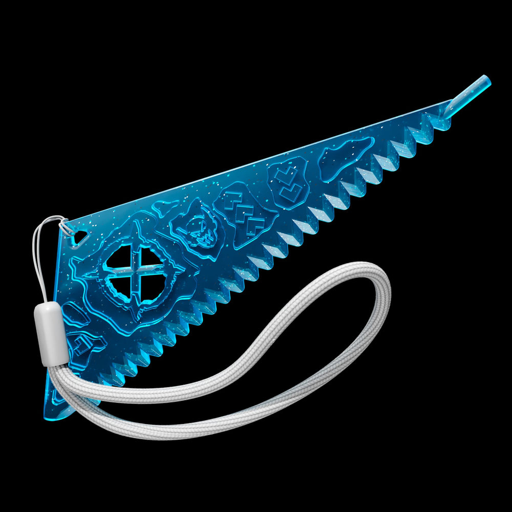 
                  
                    Blue plastic triangular measuring tool with a silver strap
                  
                