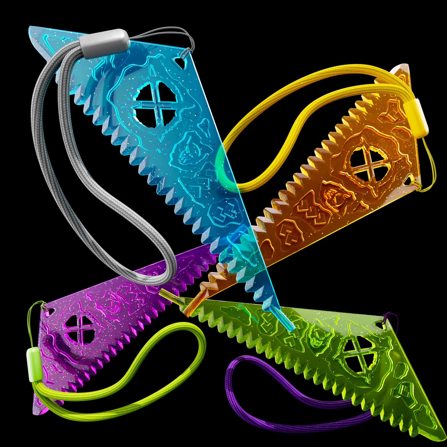 Four colorful triangular plastic measuring tools