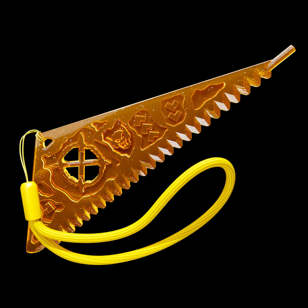 
                  
                    An orange plastic triangular measuring tool with a yellow strap
                  
                