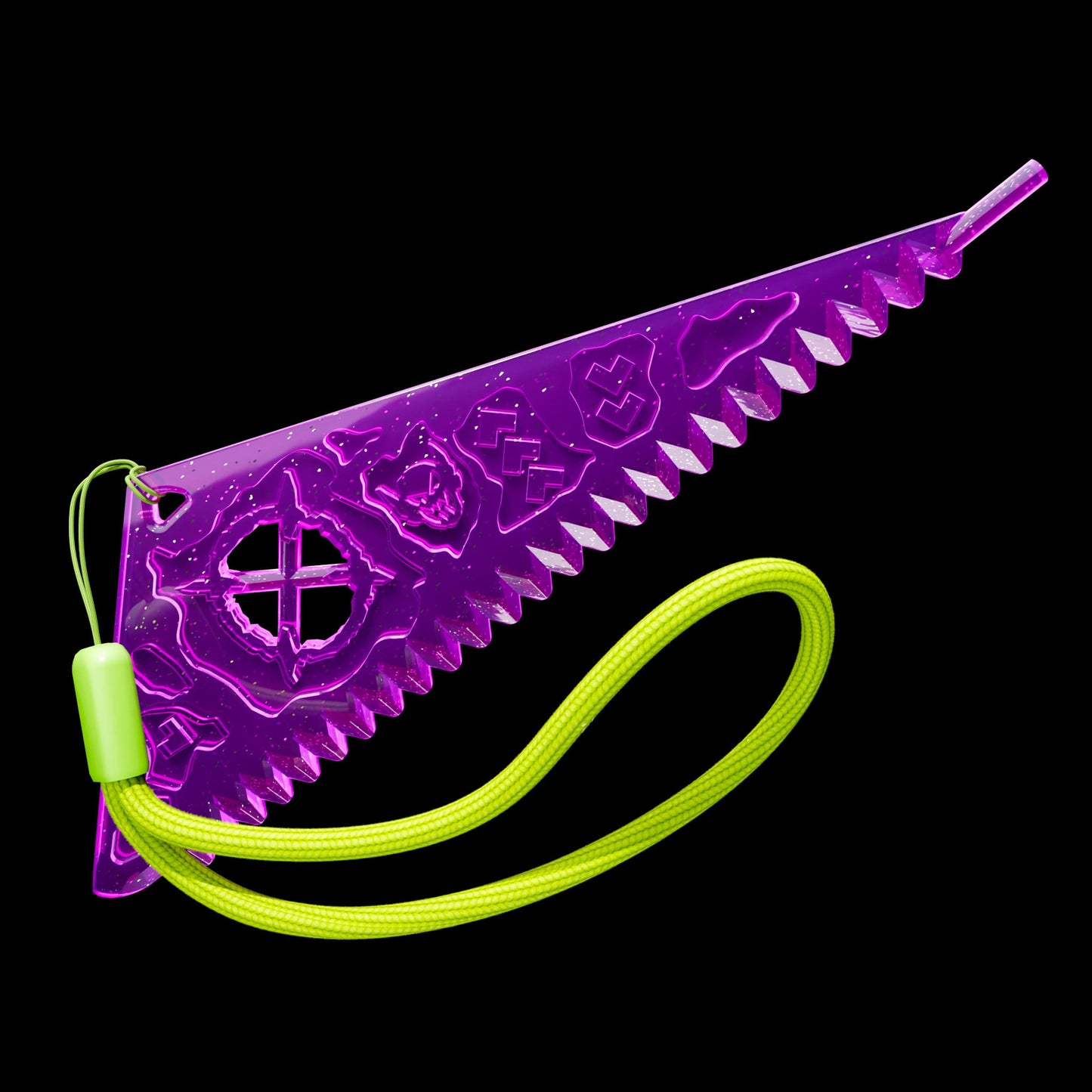 
                  
                    Purple plastic triangular measuring tool with a green strap
                  
                