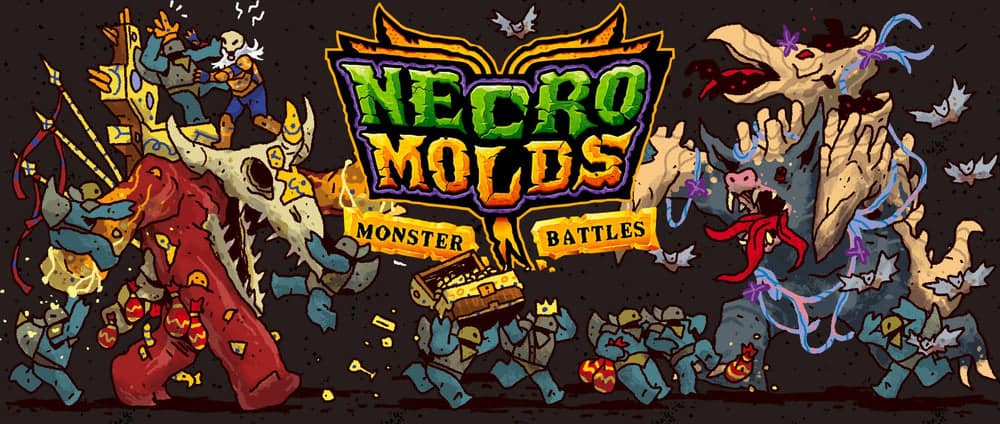 Two scary monsters battling each other in front of the Necromolds logo. One golem is made from dragons and gold while the other is made from rocks and bats.