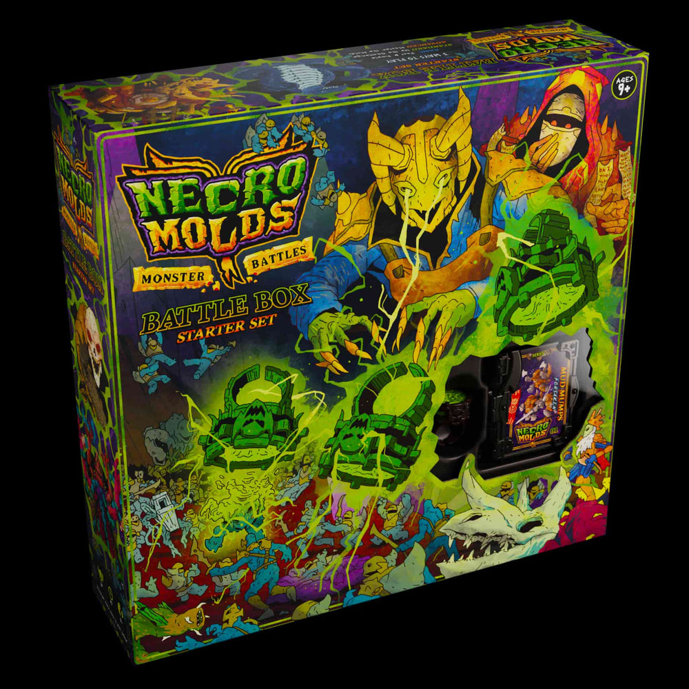 
                  
                    Front of the Necromolds core game box featuring clay molds and wargaming miniatures for a tabletop wargame
                  
                