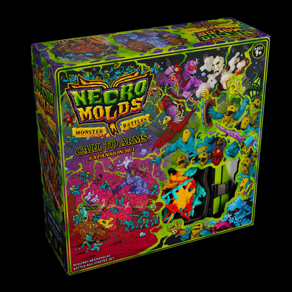 Front of the Necromolds Call to Arms expansion game box featuring clay molds and wargaming miniatures for a tabletop wargame