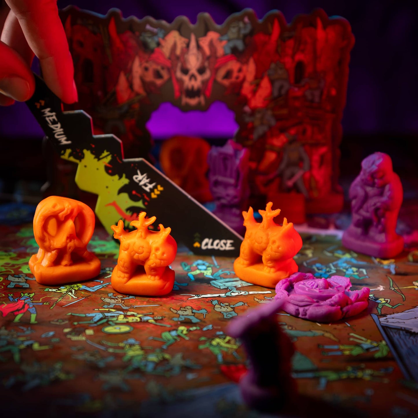 
                  
                    Player measuring the distance between two orange Petripod clay minis (compare to play dough) in a Necromolds wargame
                  
                